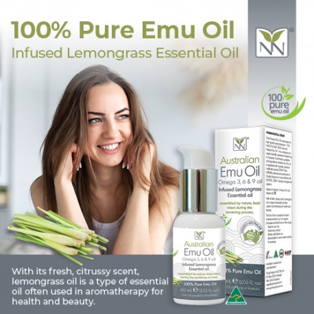 Y-NOT NATURAL Omega 369 Oil, 60ml (Australian 100% Pure and Natural Emu Oil) infused Lemongrass Essential Oil