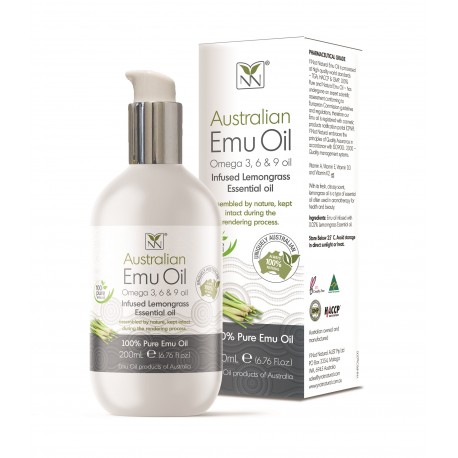 Y-NOT NATURAL Omega 369 Oil, 200ml (Australian 100% Pure and Natural Emu Oil) infused Lemongrass Essential Oil